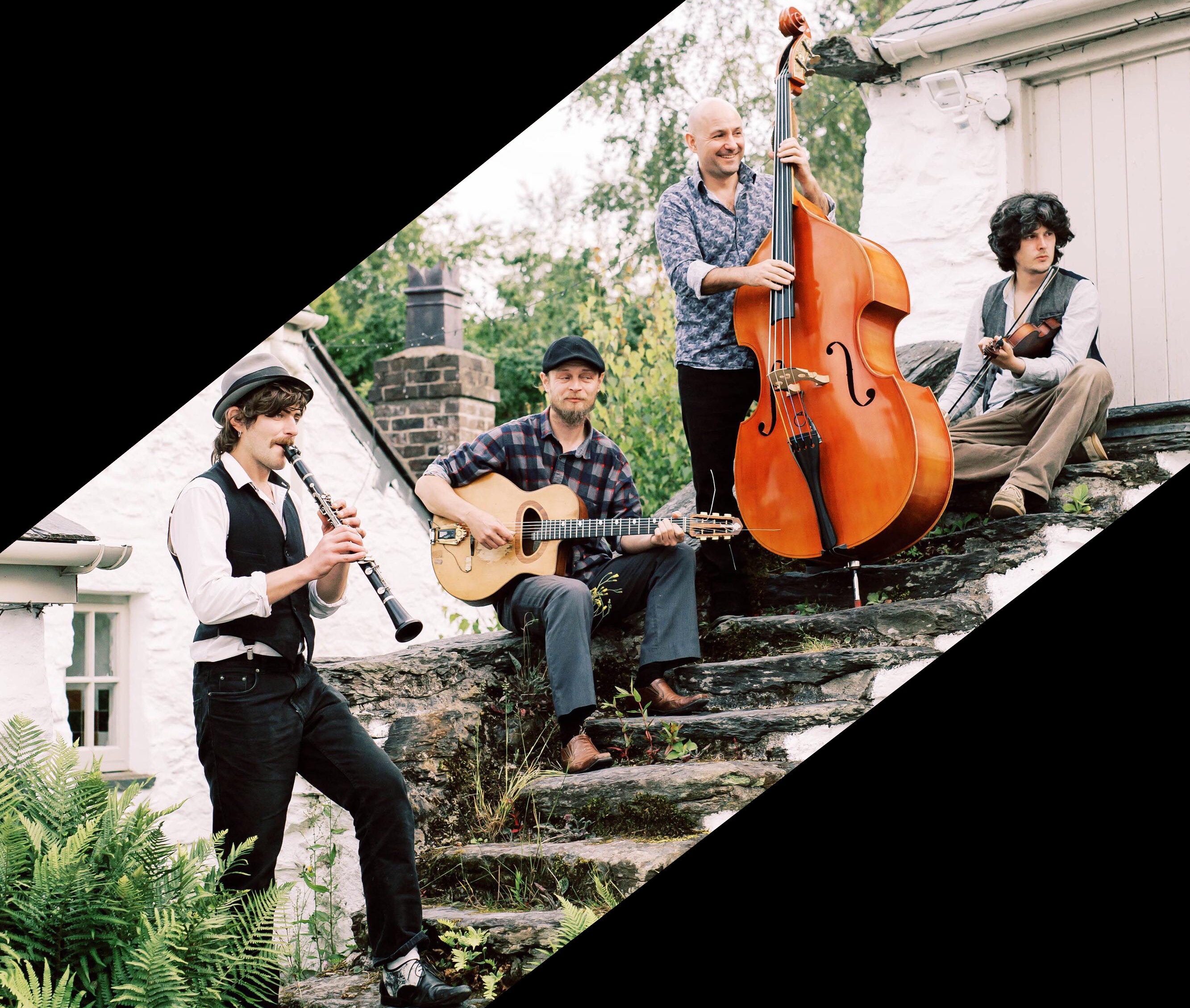 Four members of Tacla playing on a flight of stone steps. From left to right they are playing clarinet, guitar, double bass and fiddle